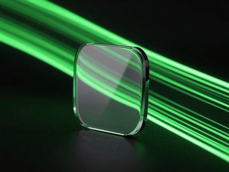 Sharp macro glass reflection of a high-refresh-rate screen displaying fluid neon green vector lines, dark studio lighting, 85mm