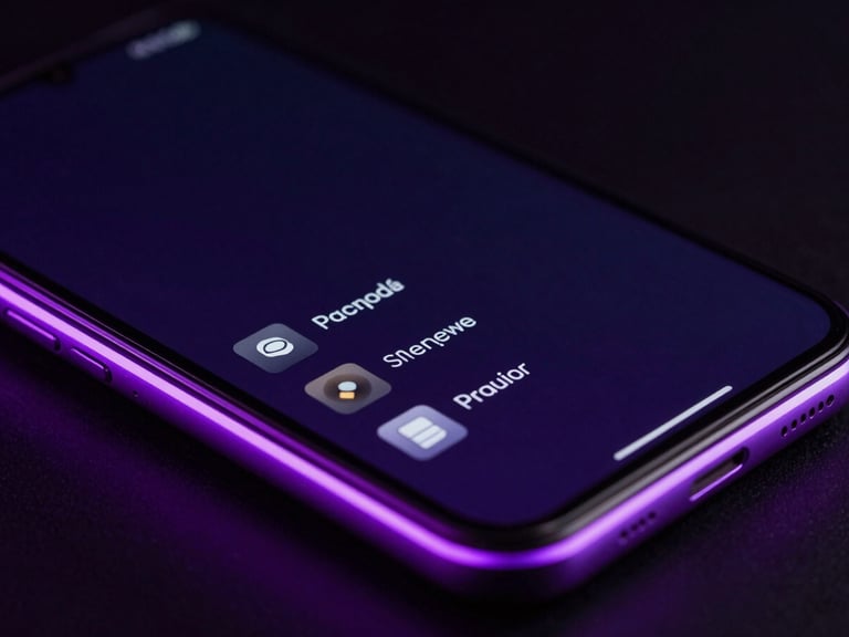 Sleek product photography of a premium Android device displaying a dark file manager interface, vibrant neon rim lights in electric violet reflecting off the glass screen, sharp macro shot, 85mm