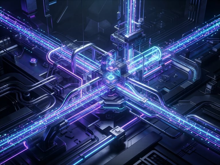 Premium 3D render of abstract digital payment pipelines with glowing violet and blue light trails, metallic textures, dark studio lighting