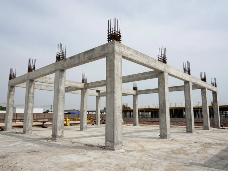 Wide shot of a reinforced concrete structural frame under construction at a mid-size industrial facility, steel rebar connections and formwork visible, natural daylight from an overcast sky, no people in frame