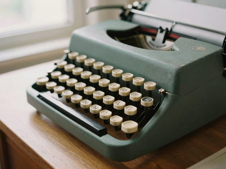 Close-up of dusty vintage typewriter keys on a heavy oak desk, soft overcast light through a window, muted tones, 35mm film grain