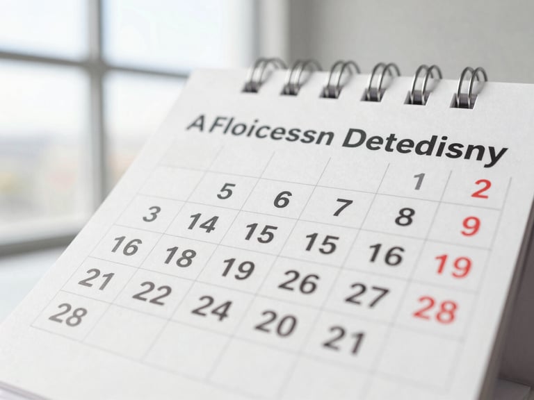A calendar with a marked date, symbolizing timely process and deadlines handled. Bright editorial photography, natural window light, clean corporate tones.