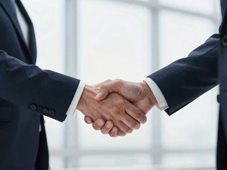 Close-up of two professionals shaking hands, natural window light, clean corporate tones, medium depth of field.
