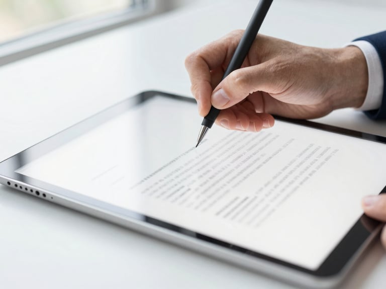 Close-up of a hand signing a digital document on a tablet, symbolizing a smooth, paperless process. Bright editorial photography, natural window light, clean corporate tones.