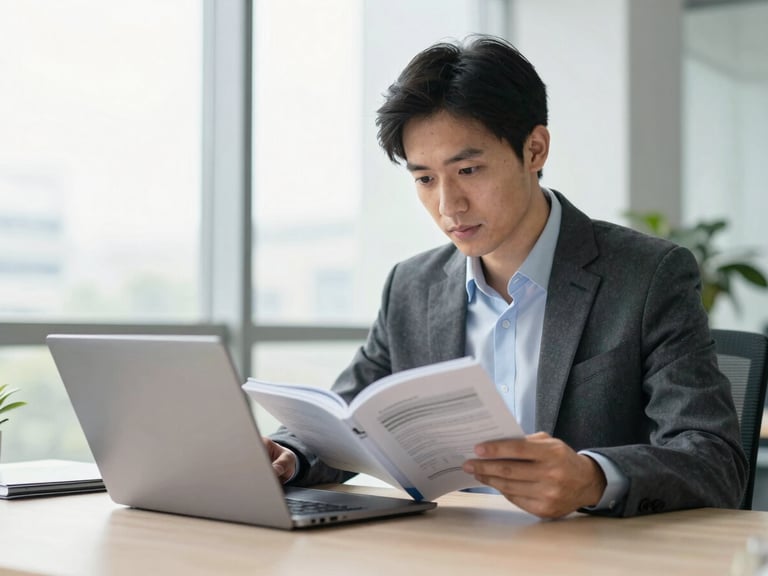 Person studying a business guide or laptop, focused expression, bright modern office, natural window light.