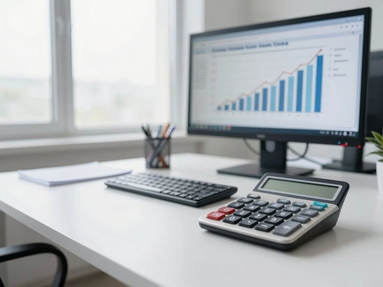 Modern office desk with a calculator and a financial chart on a screen, symbolizing cost savings and analysis. Bright editorial photography, natural window light, clean corporate tones.