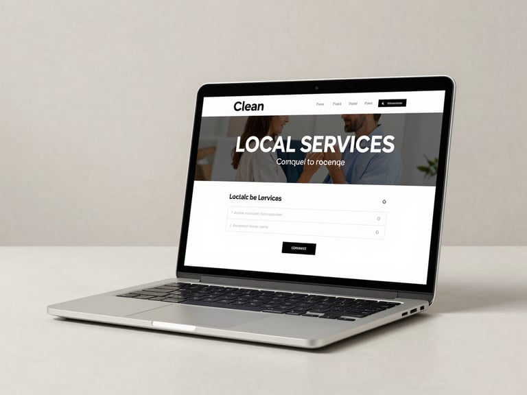 Clean device mockup showing a local services website redesign on a laptop screen, featuring a bold headline, clear phone number CTA above the fold, and a simple contact form, neutral studio background, bright daylight lighting, full-page proportional view