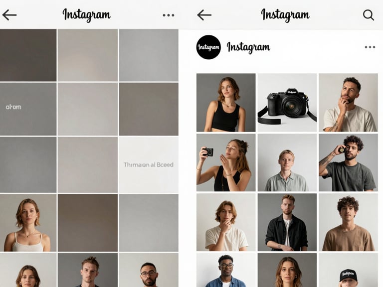 Side-by-side before-and-after comparison panel of an Instagram business feed — left side shows a sparse, inconsistent grid with low engagement counts; right side shows a cohesive branded feed with visible likes and comments in the hundreds, clean daylight studio lighting, documentary screenshot style
