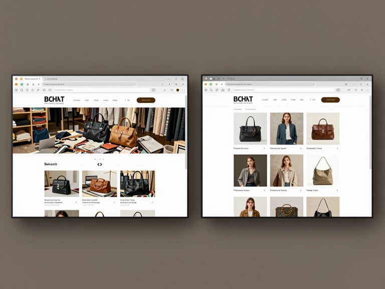 Side-by-side browser window comparison panel, left showing a cluttered outdated retail website in muted tones, right showing a clean redesigned e-commerce layout with bright product photography and clear CTA buttons, studio neutral lighting, full-page proportional view