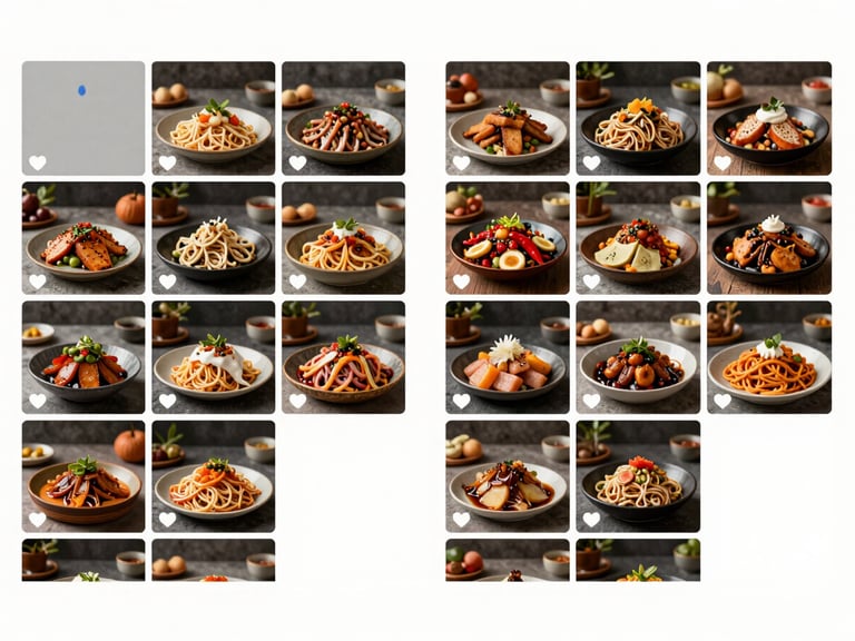 Instagram feed screenshot before-and-after comparison, left panel showing sparse inconsistent low-quality food photos with minimal likes, right panel showing a cohesive branded grid with rich food photography and visible engagement numbers in hundreds, daylight studio lighting, proportional zoom
