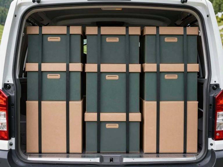 A neatly stacked moving truck interior, boxes aligned perfectly with zero gaps, straps securing furniture, professional space optimization, bright daylight.