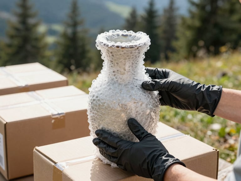 Close-up of hands in protective gloves wrapping a fragile ceramic vase in thick bubble wrap and packing paper, organized boxes in background, warm natural light.
