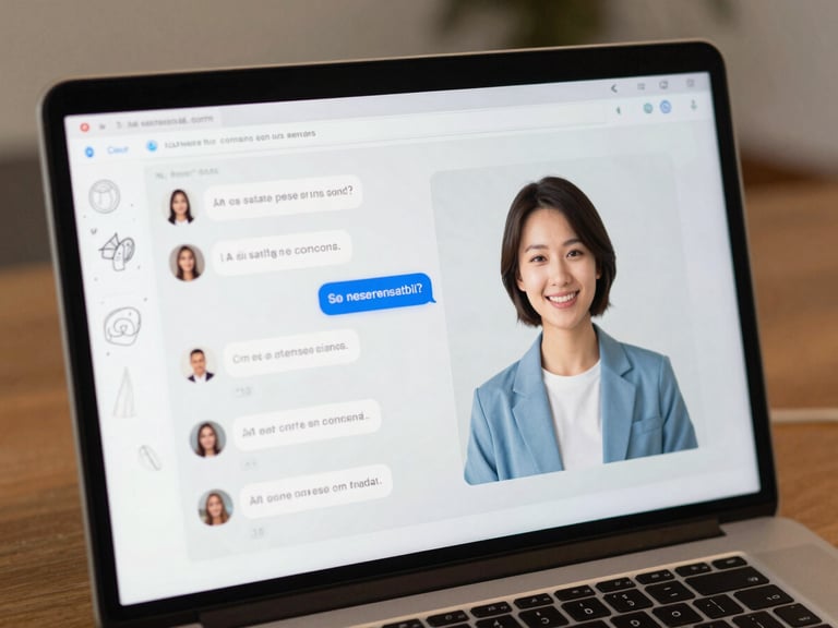 Close-up of a clean virtual campus interface on a laptop screen, showing a chat conversation with a friendly AI assistant in Spanish, hand-drawn pencil doodles on the margin, warm lighting.