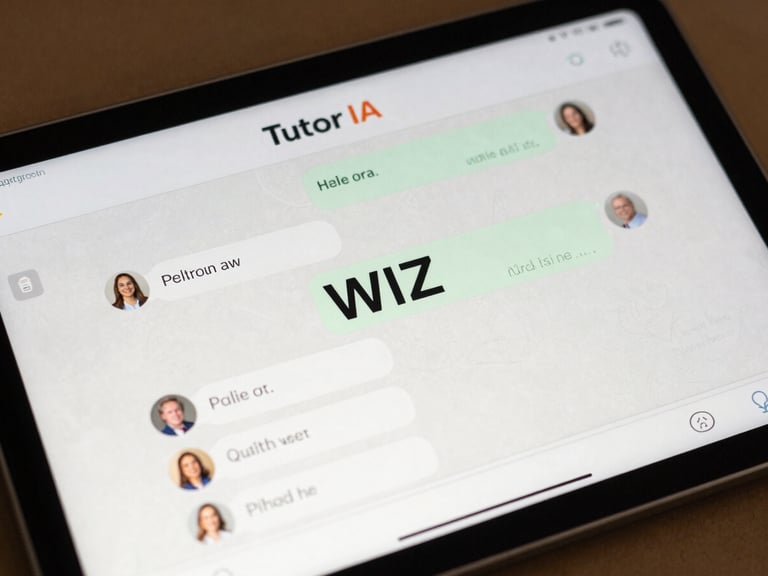 Close-up of the Tutor IA platform interface on a tablet, showing a friendly chat conversation with WIZ, soft warm lighting, handwritten doodles on the margins.