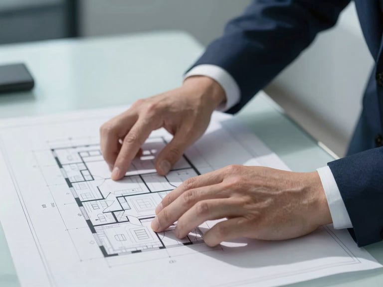 Close-up of hands gesturing over an architectural blueprint in a modern corporate office, sharp shadows, cool blue tones, 50mm