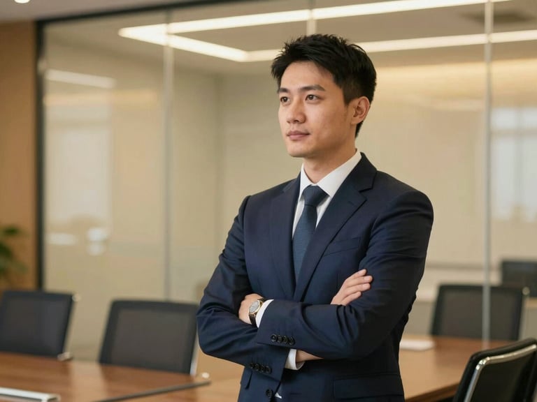 Confident male executive in a sharp navy suit listening intently in a modern glass boardroom, warm golden highlight, editorial corporate photography