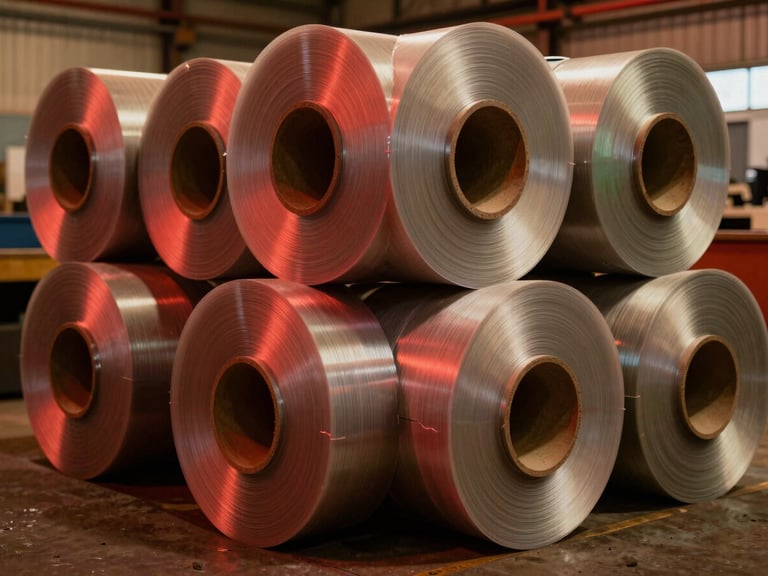 Industrial documentary photography of heavy-duty plastic rolls stacked in a warehouse, warm factory workshop lighting with deep crimson highlights, 35mm lens