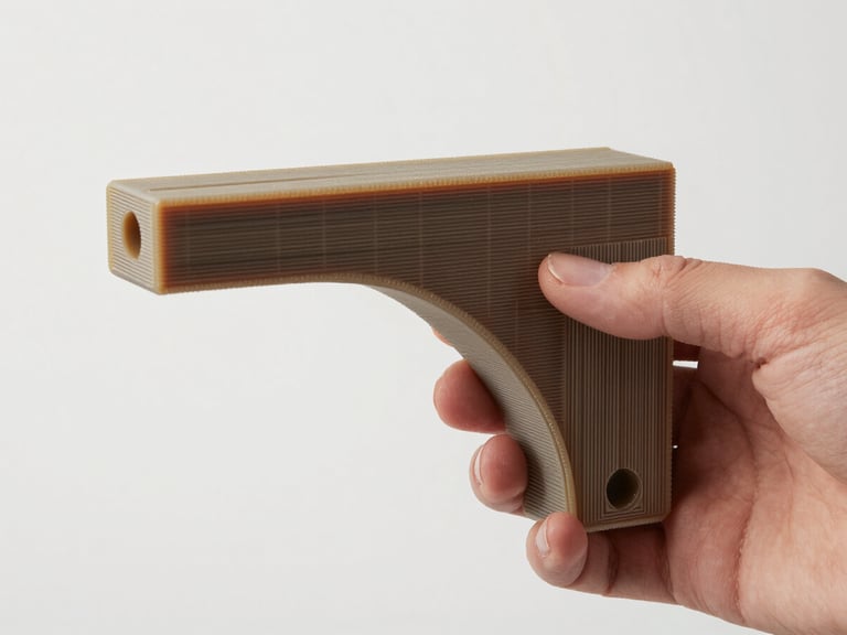 Side-profile close-up of a complex 3D-printed resin structural bracket held in a bare hand against a neutral white studio background, even diffused light revealing surface finish and layer cross-section, no glare