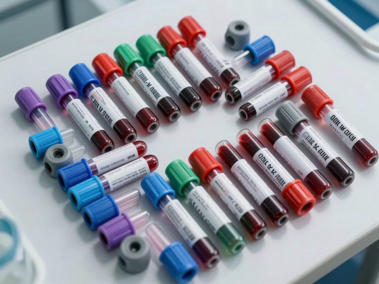 Overhead flat-lay of an ordered array of blood collection tubes with colour-coded caps — red, lavender, blue, green, grey — on a clean white clinical surface under bright studio lighting, sharp focus on cap colours and tube labels, sterile environment, no hands, no shadows