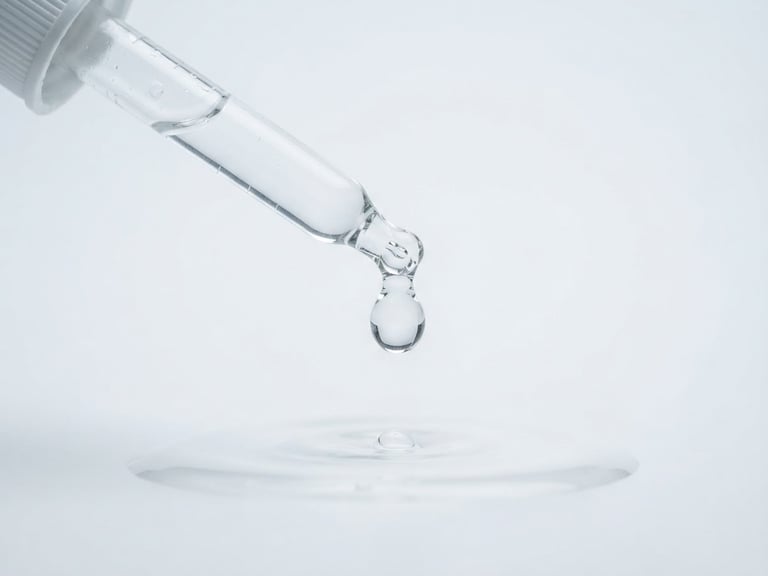 Crisp macro product photography of clear liquid drops dispensing from a glass pipette, bright cool studio light, clinical white backdrop, 100mm macro lens