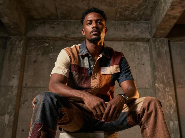 Low-angle cinematic portrait of a stylish Black Brazilian man wearing structured patchwork fashion, sitting in a dark brutalist concrete studio illuminated by warm amber lighting.