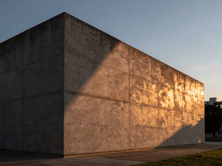 Cinematic medium shot of a brutalist concrete pavilion in São Paulo at dusk. A dramatic diagonal shadow cuts across the raw concrete wall, illuminated by warm copper and amber lighting from an unseen source, creating a high-contrast architectural vignette.