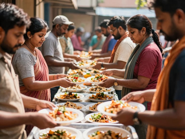 Documentary shot of a community kitchen in Goregaon, warm sunlight, volunteers handing out meals, eye-level framing, 35mm lens.