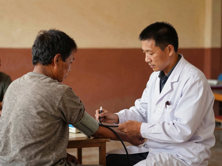 Local doctor checking a patient's blood pressure in a community hall, warm vibrant earth tones, candid documentary photography, 35mm lens