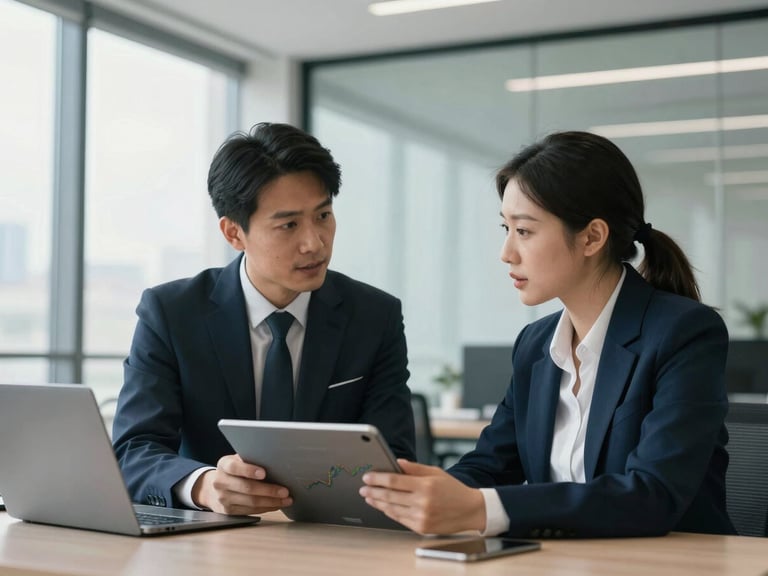 Two business professionals, one male, one female, in a modern, light-filled office, engaged in a focused, bilingual discussion, with a tablet displaying financial data, cool natural daylight.