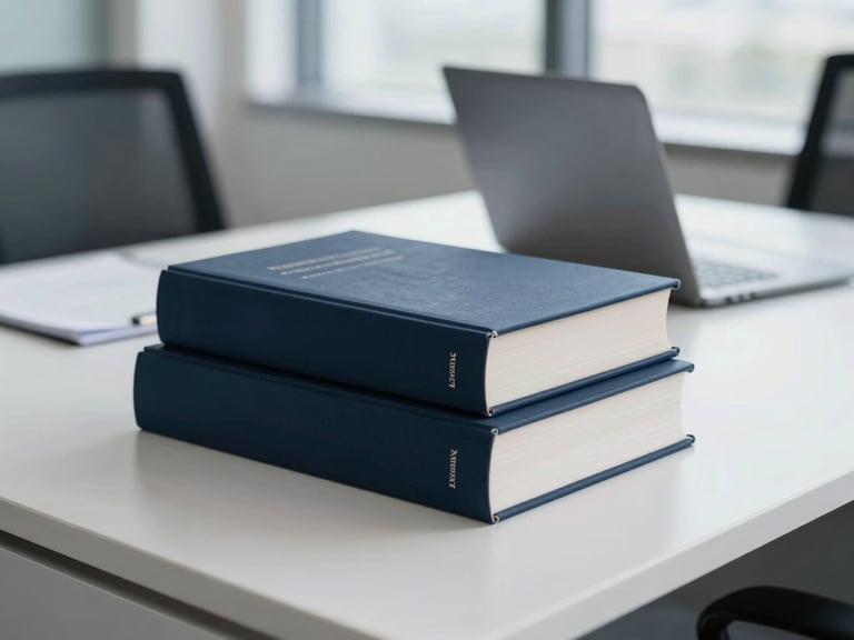 Stack of professional legal or tax books on a modern office desk, with a laptop open in the background, cool natural daylight, shallow depth of field.