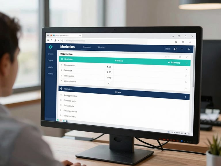 Office worker viewing a business management software dashboard on a desktop computer monitor.