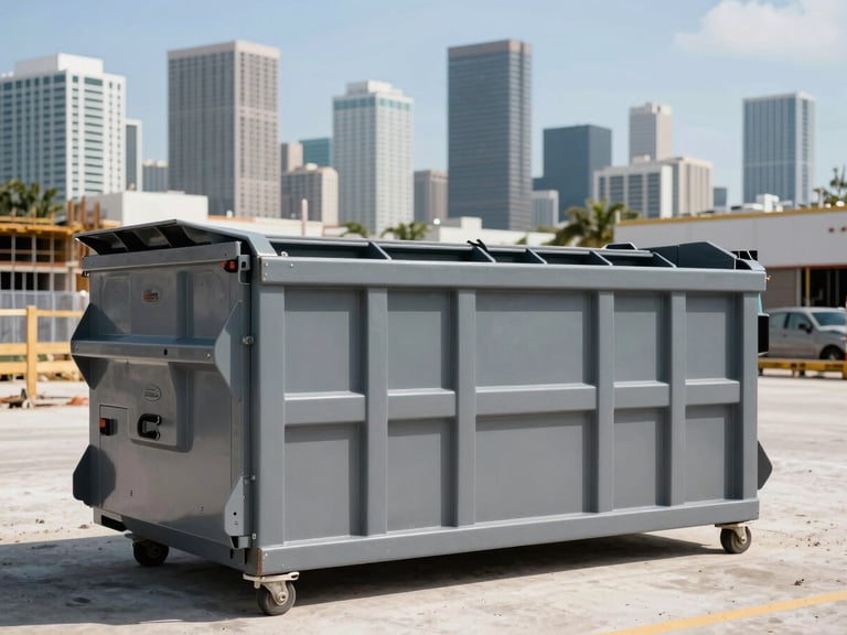 Wide environmental shot of a clean, branded roll-off dumpster positioned on a commercial construction site in Miami, showing the city skyline in the background, bright Miami sunlight.