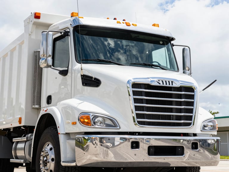 Close-up of the front grille of a heavy-duty, branded roll-off truck, clean and powerful, under crisp Miami sunlight, low-angle heroic shot.