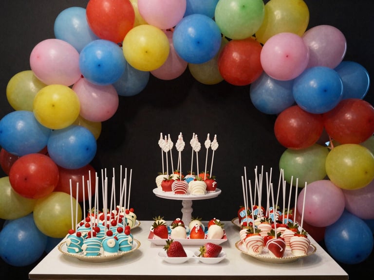 Vibrant close-up of a beautifully styled dessert table featuring custom cake pops, candy-coated strawberries, and a custom balloon garland framing the setup