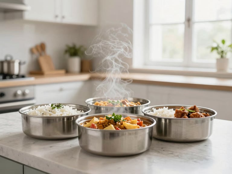 Freshly prepared Indian tiffin meals in clean steel containers, warm steam rising, bright natural kitchen lighting, professional food photography.