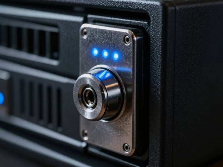 Macro close-up of a hardened steel server rack door lock, glowing blue LED indicator status lights, dark technical environment, 35mm