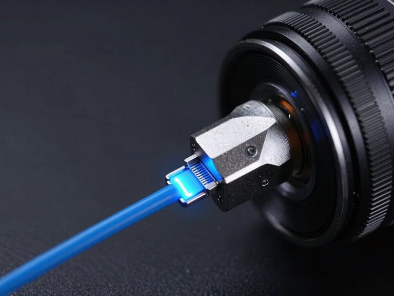 Precision fiber optic splicing close-up, glowing blue data lines, clean dark background, macro tech photography.