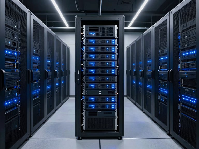 Symmetrical wide environmental shot of a modern enterprise data center, clean server racks with glowing blue indicators, cool-toned corporate technology photography, sharp electric blue accent lighting, clean dark background