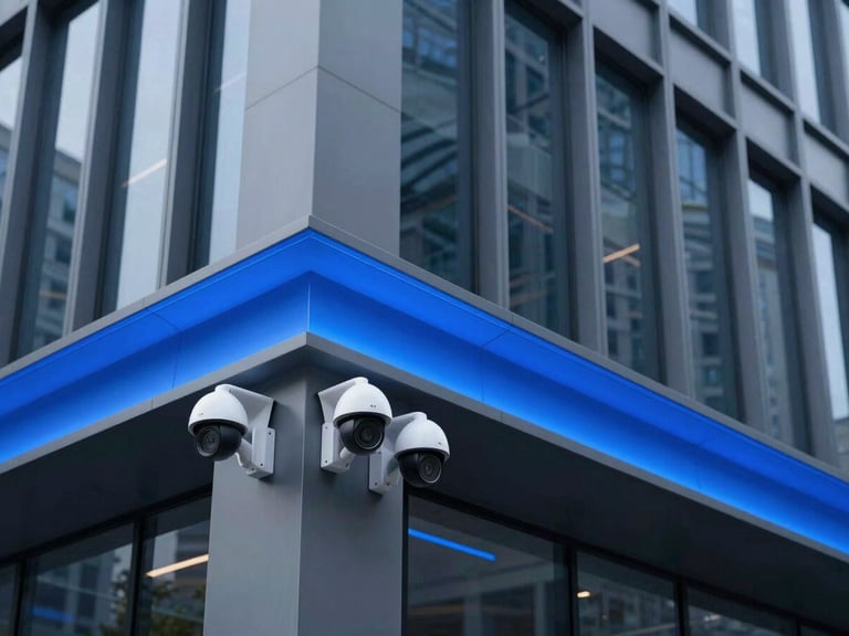 High-end corporate building exterior with modern IP cameras subtly integrated, sharp electric blue accent lighting, cool-toned tech style.