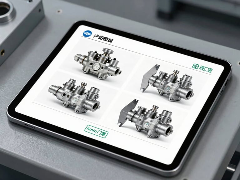 A digital tablet displaying a technical inspection report with high-resolution photos of machined metal valves, caliper measurements, and a green approved stamp, set on an industrial workbench