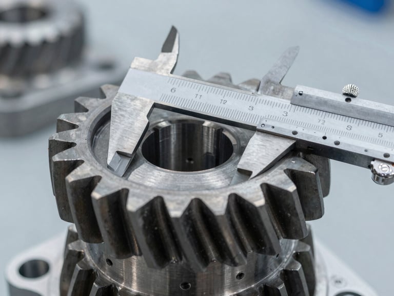 Macro detail shot of a machined steel automotive gear, cool daylight, sharp focus on thread tolerances, calipers measuring teeth, industrial background