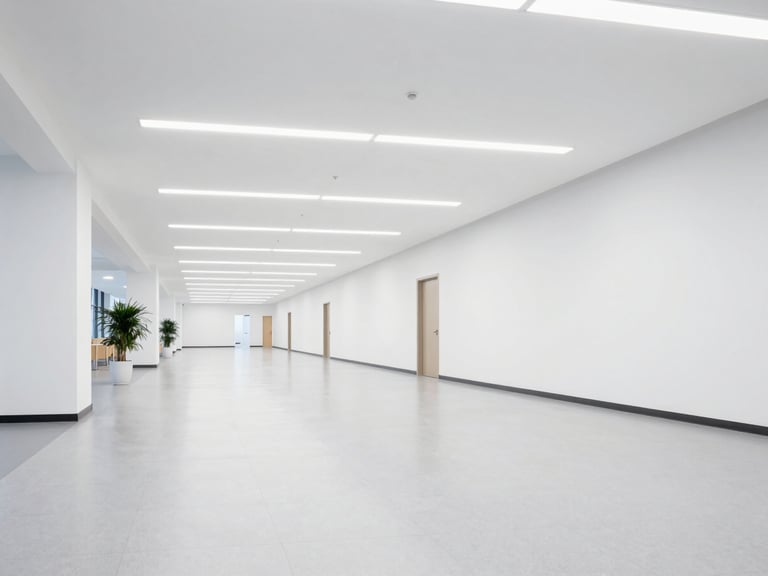 Wide architectural shot of a clean, modern educational facility hallway, crisp lighting, polished floors.
