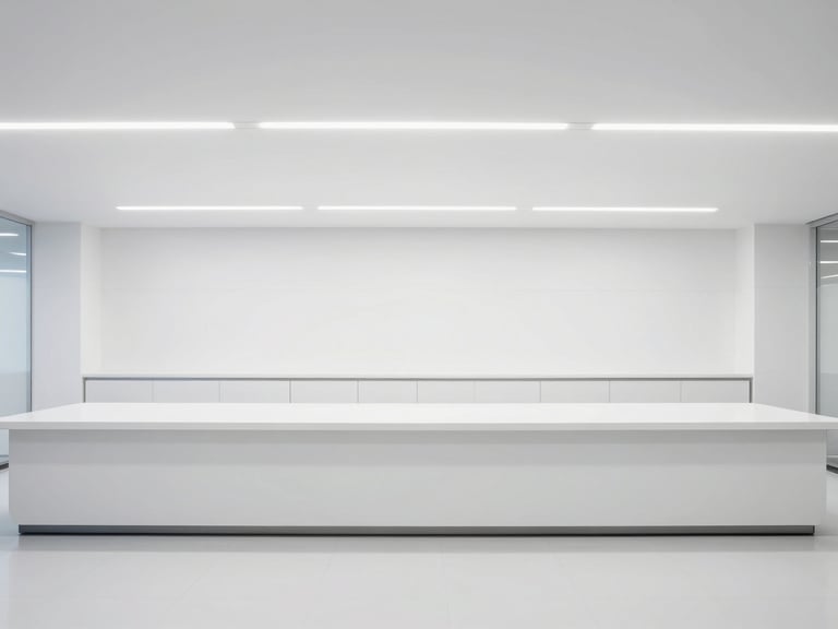 Wide architectural shot of a clean modern office break room with pristine surfaces and bright even lighting.