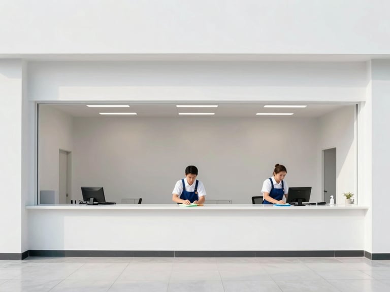 Uniformed professional wiping down a new commercial counter under bright daylight, wide architectural framing.