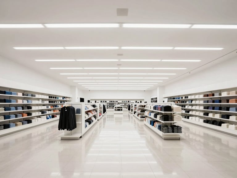 Wide shot of a gleaming retail store floor before opening hours, bright high-key daylight, structured layout.