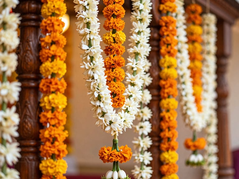 Close-up of intricate traditional South Indian wedding decor, vibrant orange marigolds and white jasmine garlands draped over carved wooden pillars, warm celebratory lighting, shallow depth of field