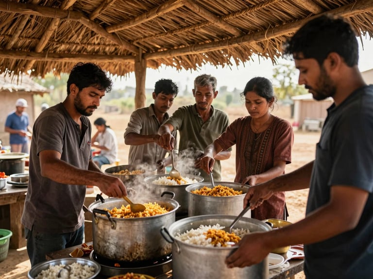 Candid shot of volunteers serving hot rice and dal from large metal pots to local villagers under a thatched canopy, warm outdoor daylight, authentic moments.