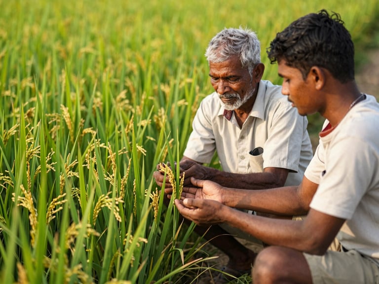 A Bengali farmer showing healthy green rice stalks to a young volunteer in a vibrant green paddy field, soft natural sunlight, hands-on demonstration.