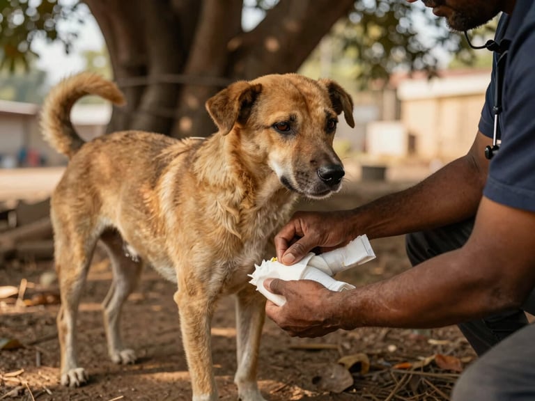 A veterinary volunteer gently bandaging the leg of a local street dog under the shade of a banyan tree, close-up of hands, compassionate documentary style.