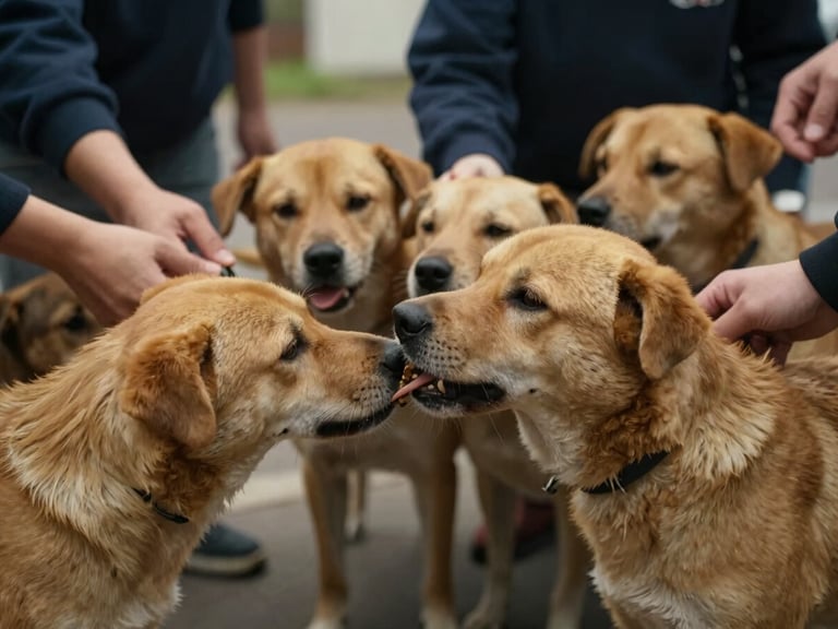 Documentary-style close-up of a healthy street dog being fed by volunteers, warm natural overcast light, shallow depth of field, 35mm lens